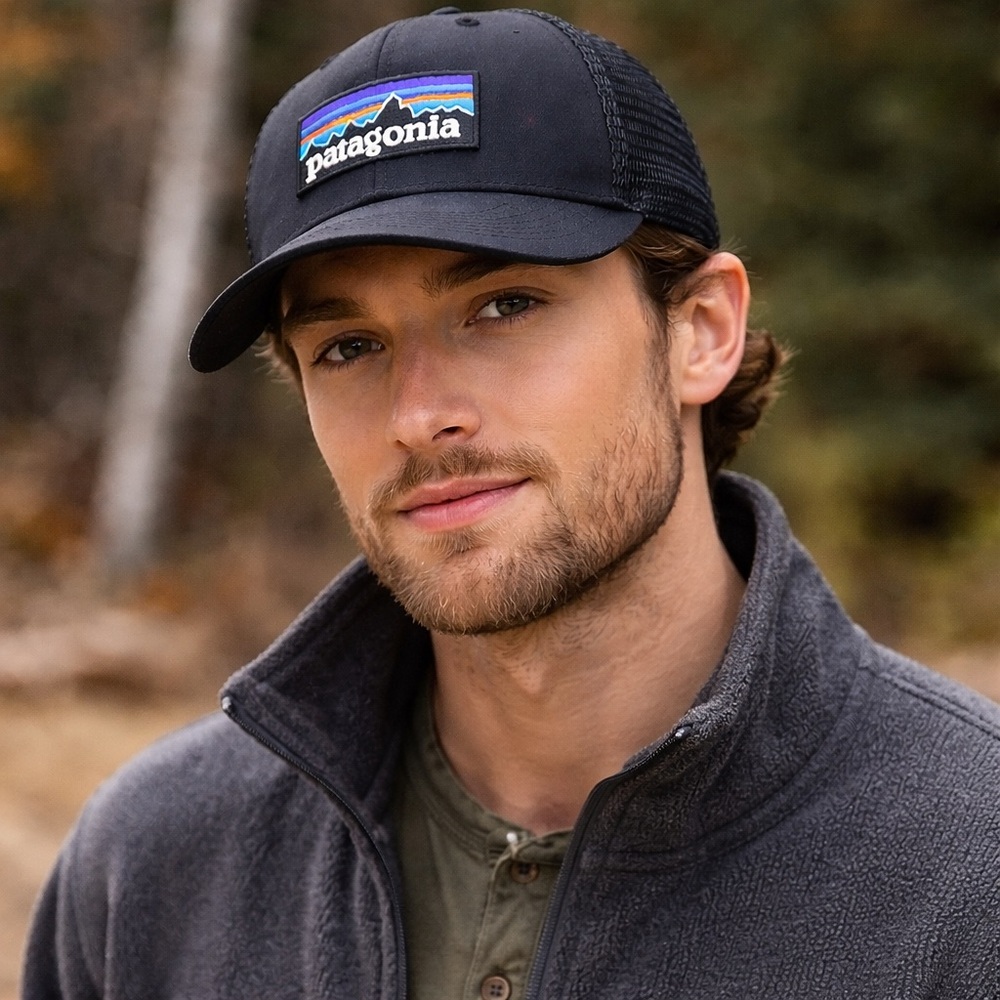 Patagonia P-6 Logo Trucker Hat Black Mesh Snapback NetPlus Cap Organic Cotton OS
